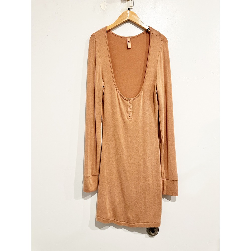 Skims Brown Knit Long Sleeve Henley‎ Mini Sleep Dress Size Medium